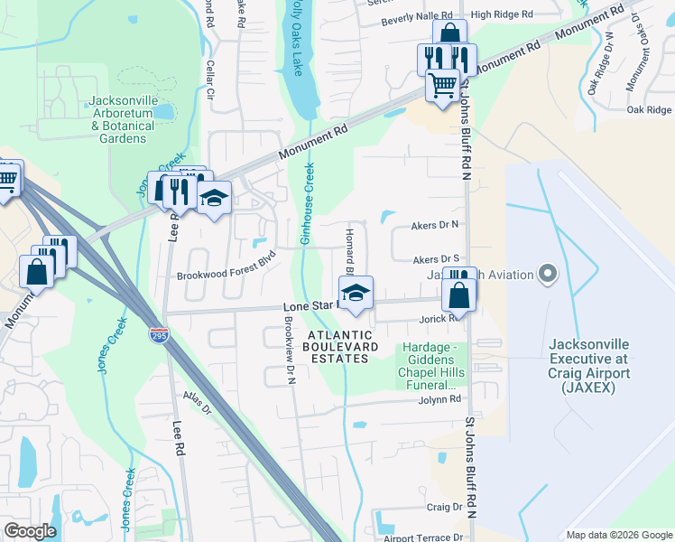 map of restaurants, bars, coffee shops, grocery stores, and more near 1169 Creeks Ridge Road in Jacksonville