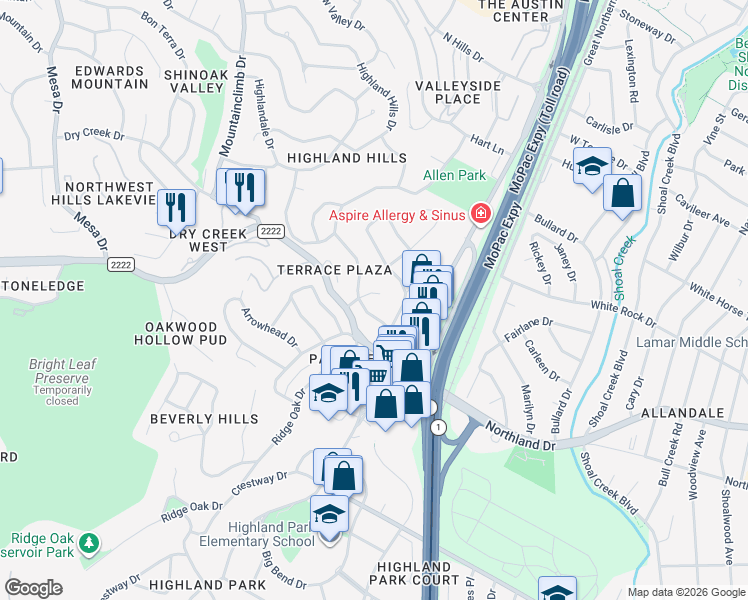map of restaurants, bars, coffee shops, grocery stores, and more near 5706 Highland Hills Circle in Austin