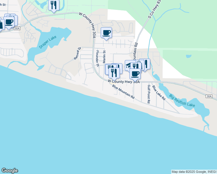 map of restaurants, bars, coffee shops, grocery stores, and more near 56 Blue Mountain Road in Santa Rosa Beach