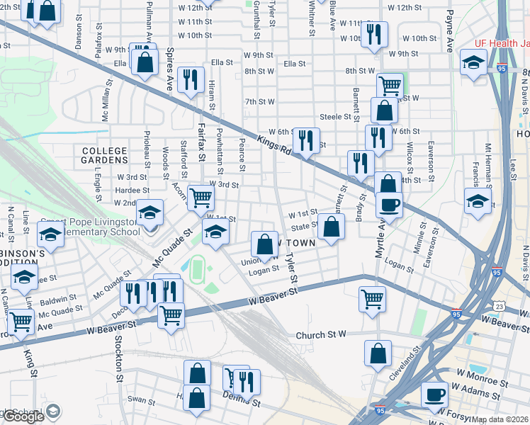 map of restaurants, bars, coffee shops, grocery stores, and more near 1625 West 2nd Street in Jacksonville