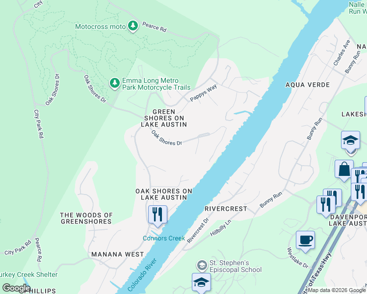 map of restaurants, bars, coffee shops, grocery stores, and more near 7111 Oak Shores Drive in Austin