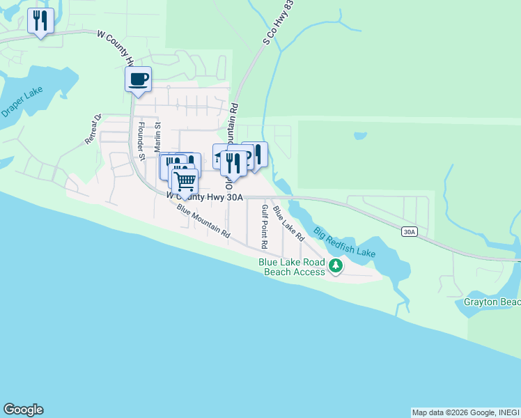 map of restaurants, bars, coffee shops, grocery stores, and more near 33 Gulf Point Road in Santa Rosa Beach