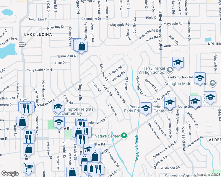 map of restaurants, bars, coffee shops, grocery stores, and more near 1618 Morgana Road in Jacksonville
