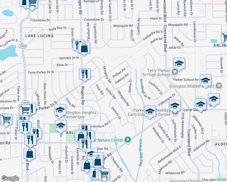 map of restaurants, bars, coffee shops, grocery stores, and more near 1618 Morgana Road in Jacksonville
