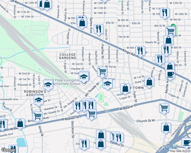 map of restaurants, bars, coffee shops, grocery stores, and more near 1864 Junior Street in Jacksonville