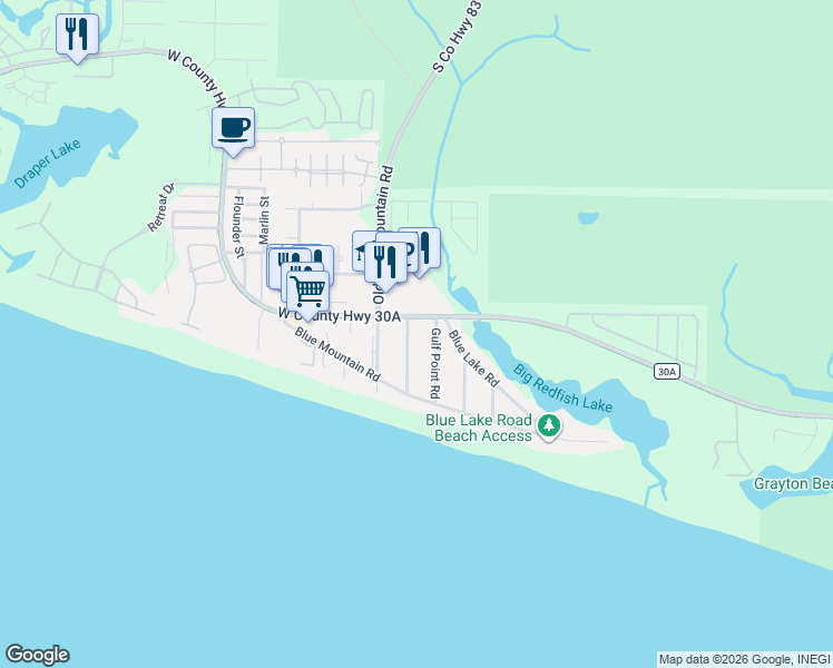 map of restaurants, bars, coffee shops, grocery stores, and more near 33 Gulf Point Road in Santa Rosa Beach