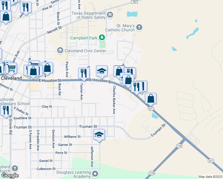 map of restaurants, bars, coffee shops, grocery stores, and more near 1382 East Houston Street in Cleveland