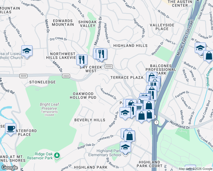 map of restaurants, bars, coffee shops, grocery stores, and more near 3615 Jorge Drive in Austin