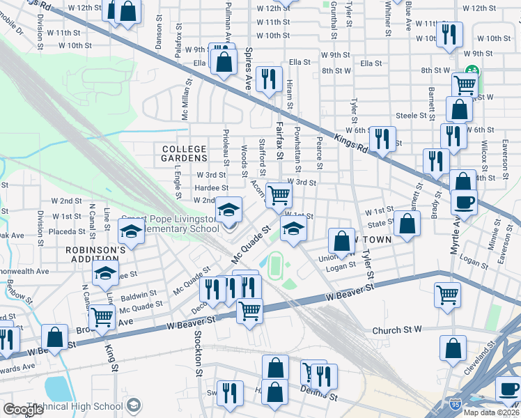 map of restaurants, bars, coffee shops, grocery stores, and more near 1864 Junior Street in Jacksonville