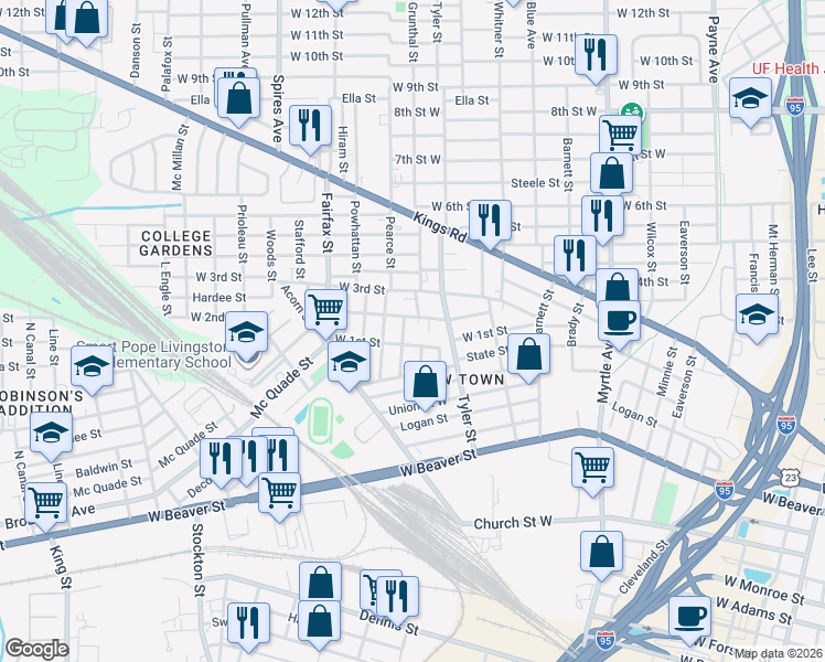 map of restaurants, bars, coffee shops, grocery stores, and more near 1681 West 2nd Street in Jacksonville