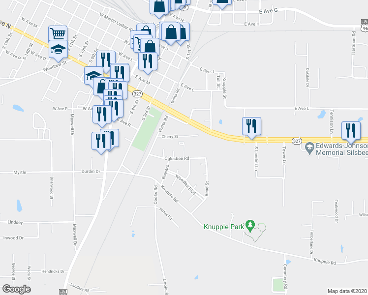 map of restaurants, bars, coffee shops, grocery stores, and more near 301 Pecan Street in Silsbee