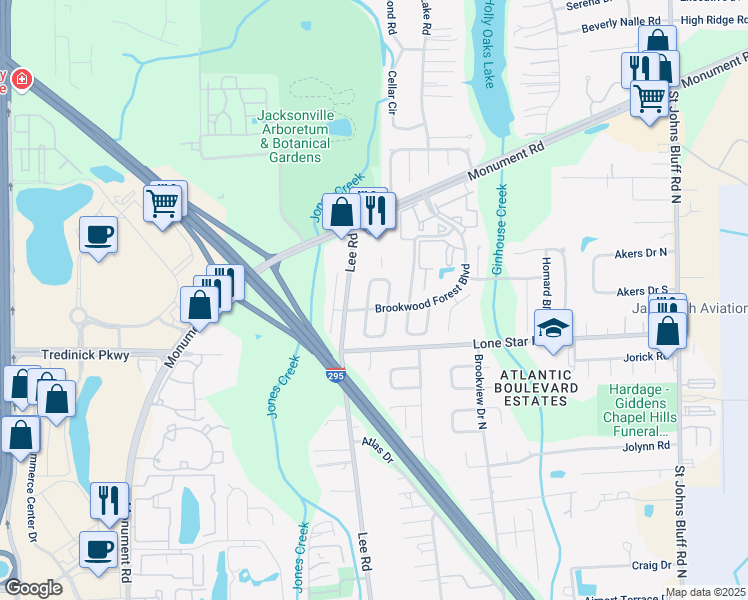 map of restaurants, bars, coffee shops, grocery stores, and more near 1165 Romaine Circle West in Jacksonville