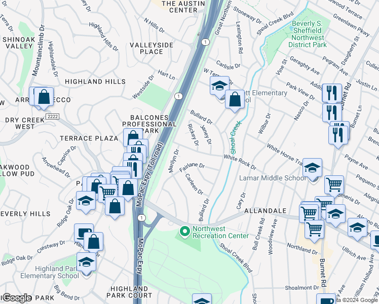 map of restaurants, bars, coffee shops, grocery stores, and more near 3103 White Rock Drive in Austin