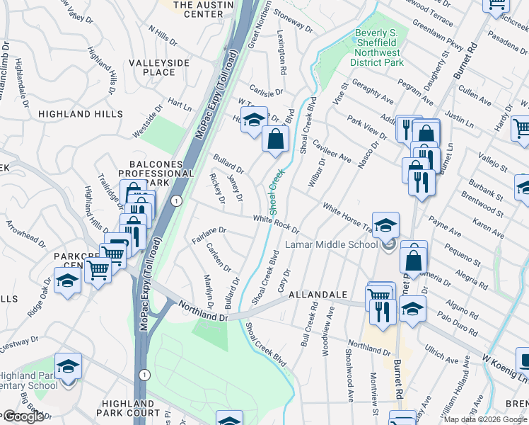 map of restaurants, bars, coffee shops, grocery stores, and more near 6103 Bullard Drive in Austin
