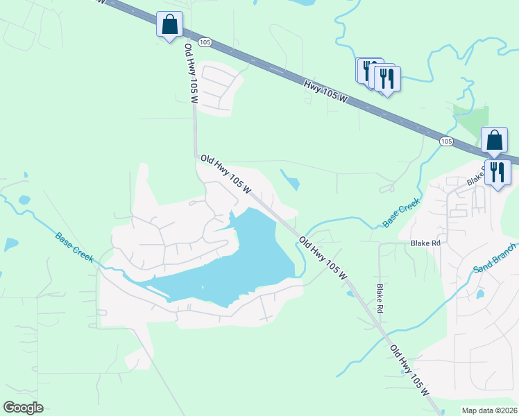 map of restaurants, bars, coffee shops, grocery stores, and more near 2487 Old Highway 105 West in Conroe