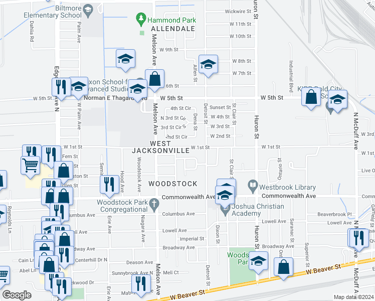 map of restaurants, bars, coffee shops, grocery stores, and more near 3048 West 1st Street in Jacksonville