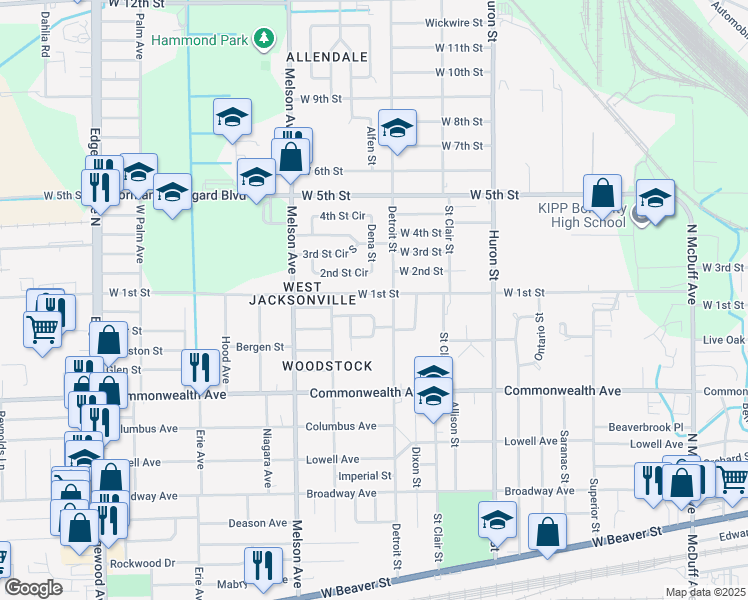 map of restaurants, bars, coffee shops, grocery stores, and more near 3003 West 1st Street in Jacksonville