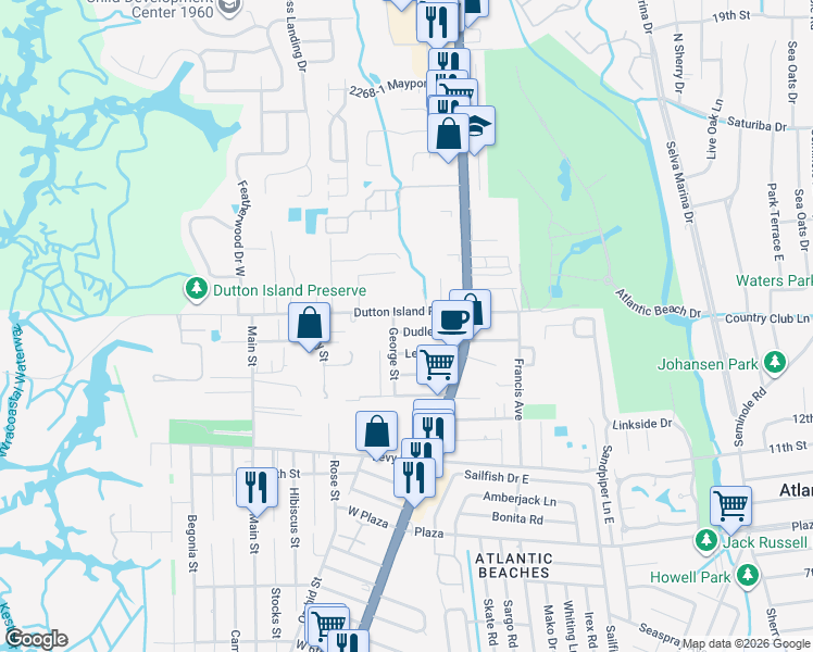 map of restaurants, bars, coffee shops, grocery stores, and more near 29 Dutton Island Road West in Jacksonville