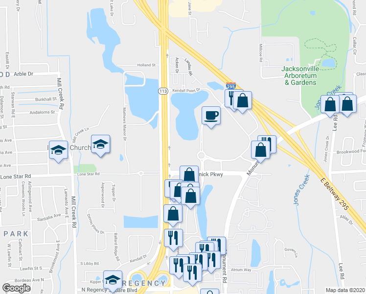 map of restaurants, bars, coffee shops, grocery stores, and more near 1140 Kendall Town Boulevard in Jacksonville