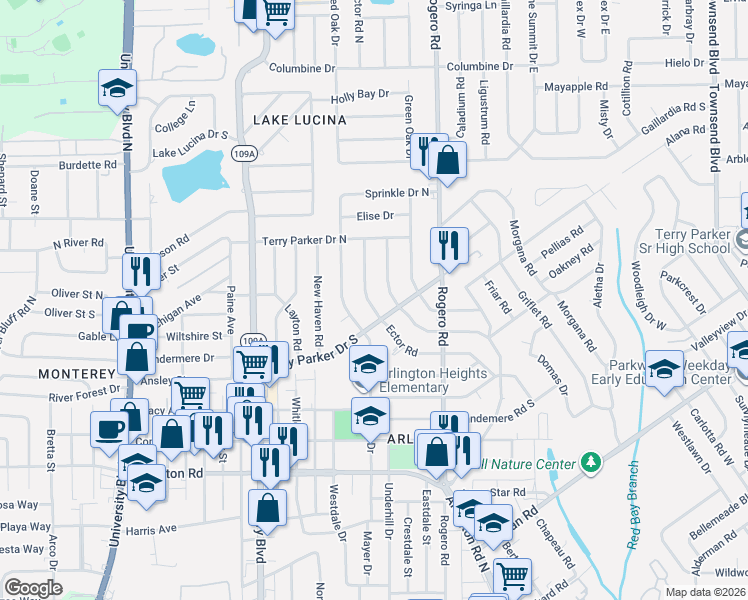 map of restaurants, bars, coffee shops, grocery stores, and more near 1848 Ector Road in Jacksonville