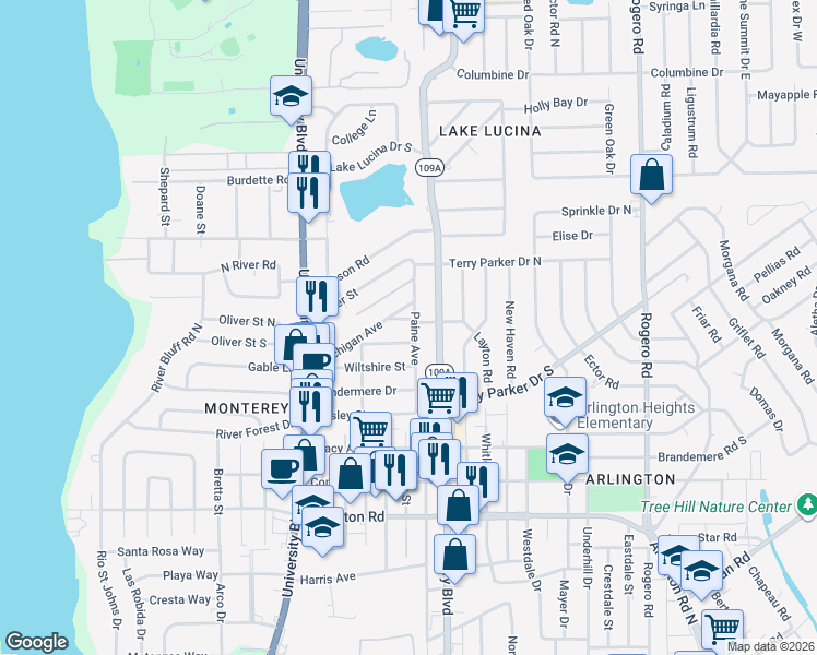 map of restaurants, bars, coffee shops, grocery stores, and more near 5852 Michigan Avenue in Jacksonville