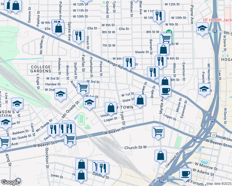 map of restaurants, bars, coffee shops, grocery stores, and more near 1625 West 2nd Street in Jacksonville