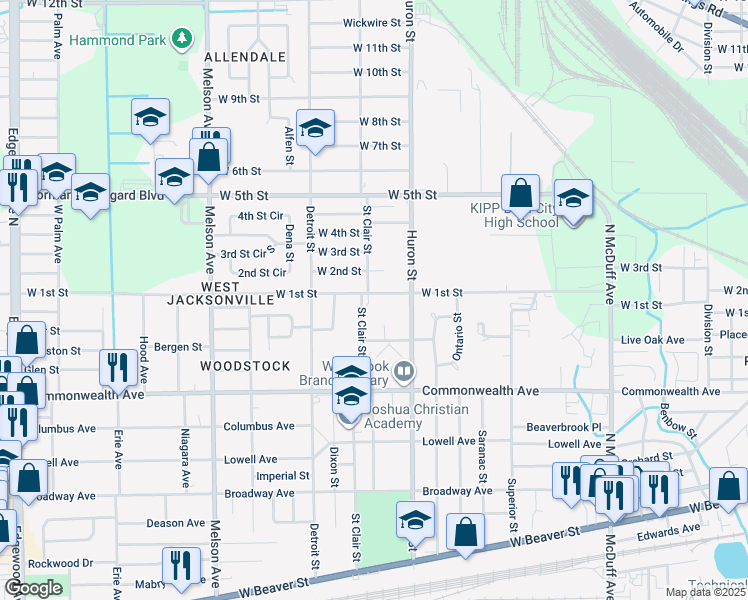 map of restaurants, bars, coffee shops, grocery stores, and more near 2845 West 1st Street in Jacksonville