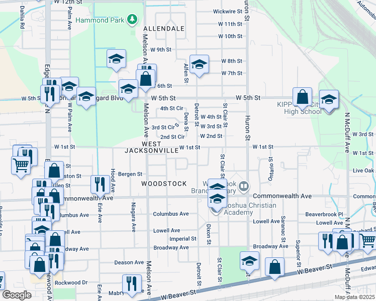 map of restaurants, bars, coffee shops, grocery stores, and more near 3003 West 1st Street in Jacksonville