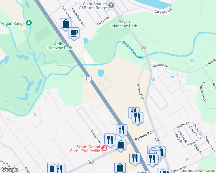 map of restaurants, bars, coffee shops, grocery stores, and more near 17950 Airline Highway in Prairieville