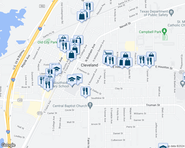 map of restaurants, bars, coffee shops, grocery stores, and more near 112 South Roosevelt Avenue in Cleveland