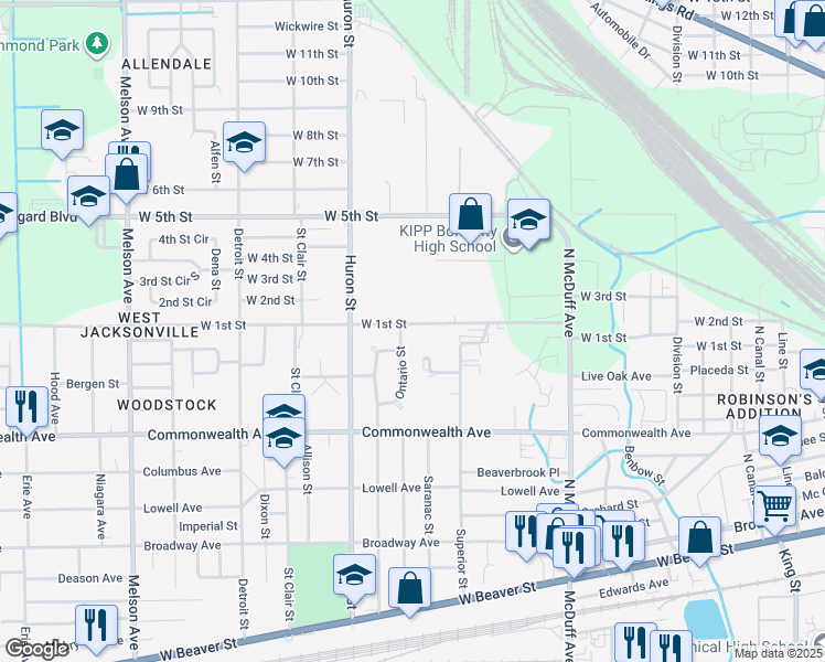map of restaurants, bars, coffee shops, grocery stores, and more near 2694 West 1st Street in Jacksonville