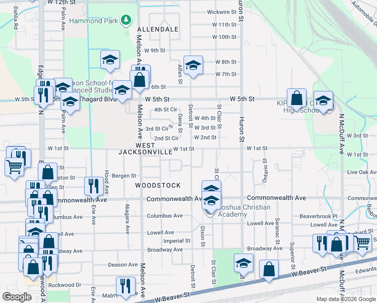 map of restaurants, bars, coffee shops, grocery stores, and more near 3003 West 1st Street in Jacksonville