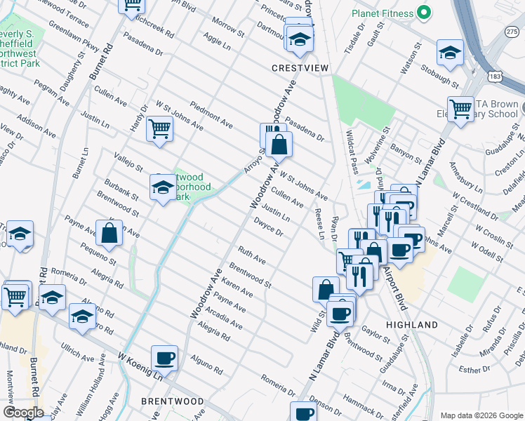 map of restaurants, bars, coffee shops, grocery stores, and more near 1401 Justin Lane in Austin