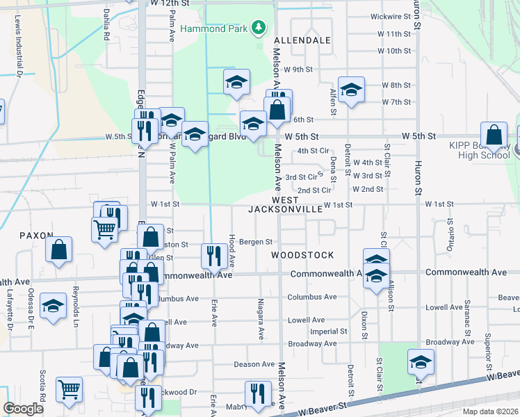 map of restaurants, bars, coffee shops, grocery stores, and more near 1097 Woodstock Avenue in Jacksonville