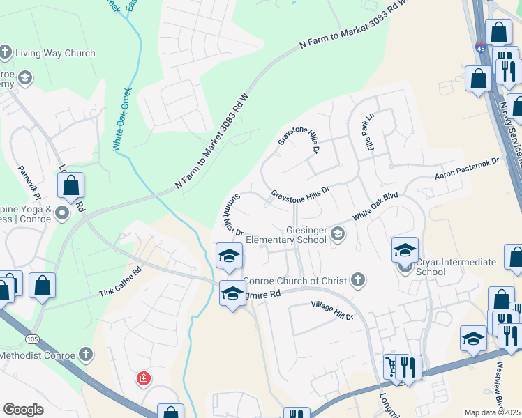 map of restaurants, bars, coffee shops, grocery stores, and more near 2117 Summit Mist Drive in Conroe