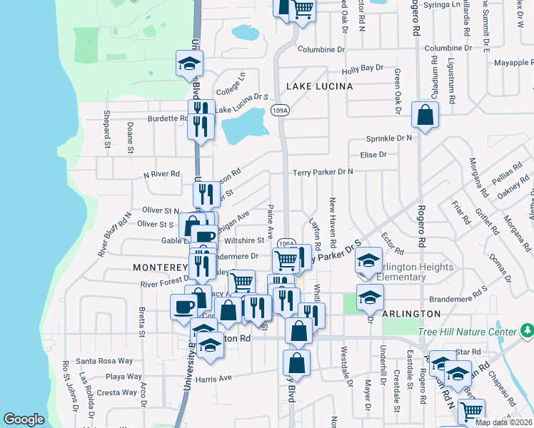 map of restaurants, bars, coffee shops, grocery stores, and more near 5852 Michigan Avenue in Jacksonville