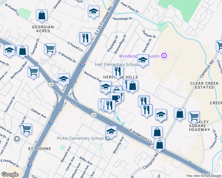 map of restaurants, bars, coffee shops, grocery stores, and more near 968 Norwood Park Boulevard in Austin