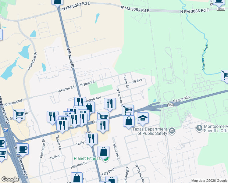 map of restaurants, bars, coffee shops, grocery stores, and more near 507 Bryant Road in Conroe