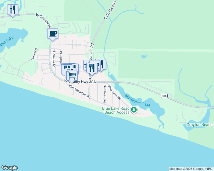 map of restaurants, bars, coffee shops, grocery stores, and more near 33 Gulf Point Road in Santa Rosa Beach