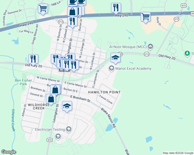 map of restaurants, bars, coffee shops, grocery stores, and more near 603 South Lampasas Street in Manor
