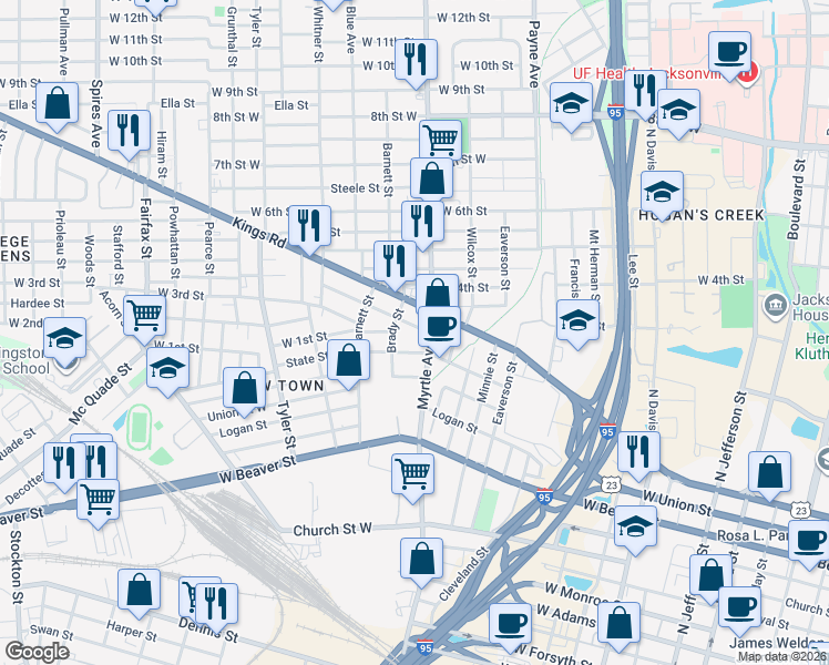 map of restaurants, bars, coffee shops, grocery stores, and more near 1324 Prince Street in Jacksonville