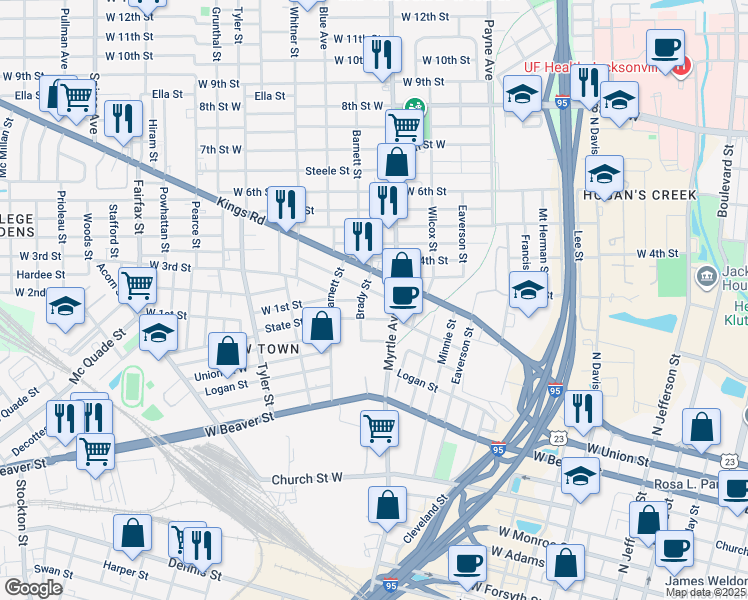 map of restaurants, bars, coffee shops, grocery stores, and more near 1324 Prince Street in Jacksonville