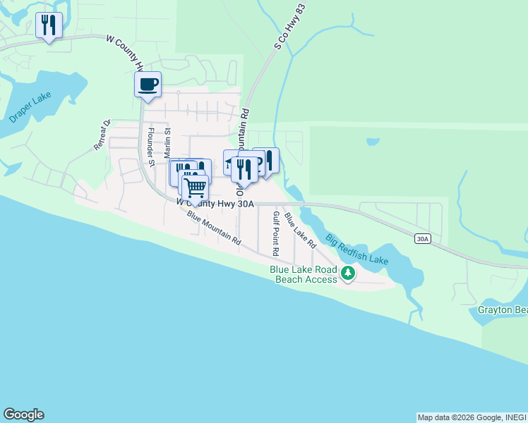 map of restaurants, bars, coffee shops, grocery stores, and more near 33 Gulf Point Road in Santa Rosa Beach