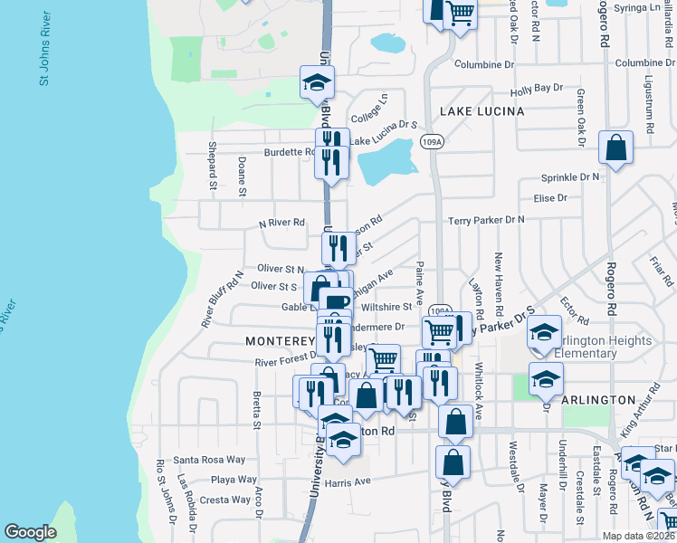 map of restaurants, bars, coffee shops, grocery stores, and more near 5640 Oliver Street in Jacksonville