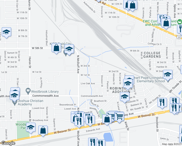 map of restaurants, bars, coffee shops, grocery stores, and more near 1126 Bertram Street in Jacksonville