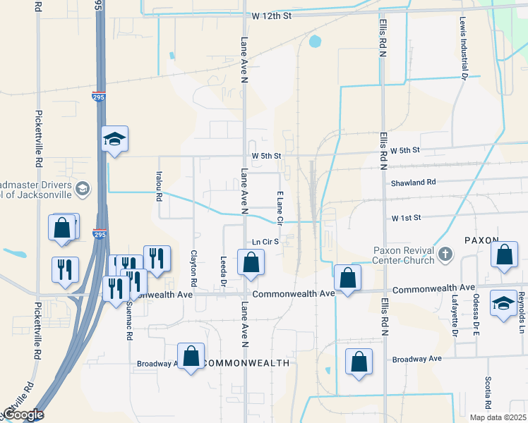 map of restaurants, bars, coffee shops, grocery stores, and more near 5966 North Lane Circle in Jacksonville