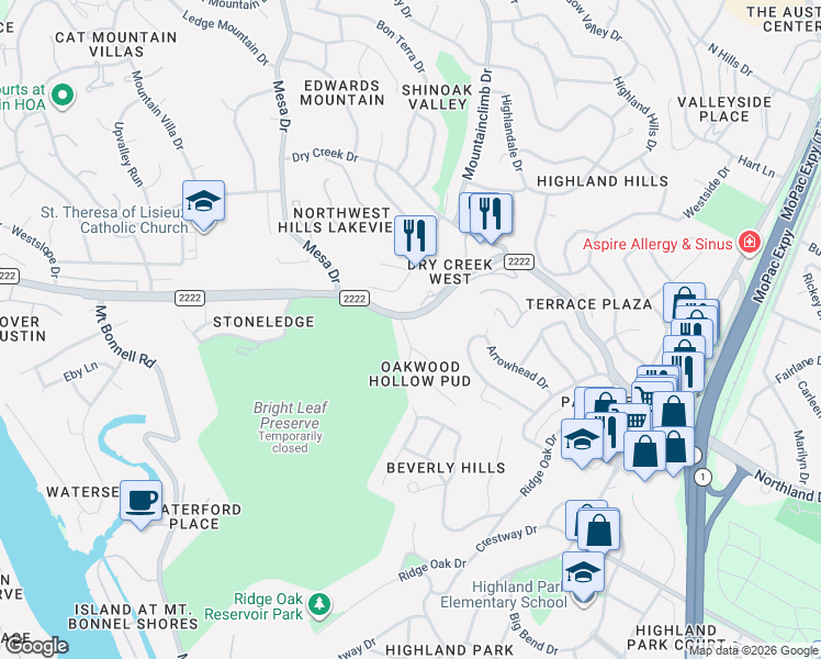 map of restaurants, bars, coffee shops, grocery stores, and more near 3901 Berryhill Way in Austin