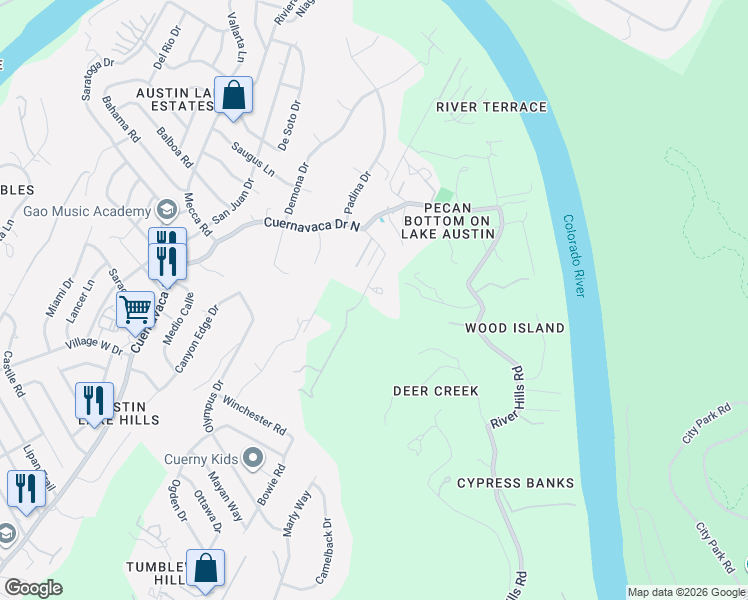 map of restaurants, bars, coffee shops, grocery stores, and more near 1905 Wood Acre Lane in Austin