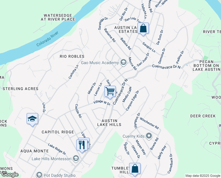 map of restaurants, bars, coffee shops, grocery stores, and more near 1607 Saracen Road in Austin