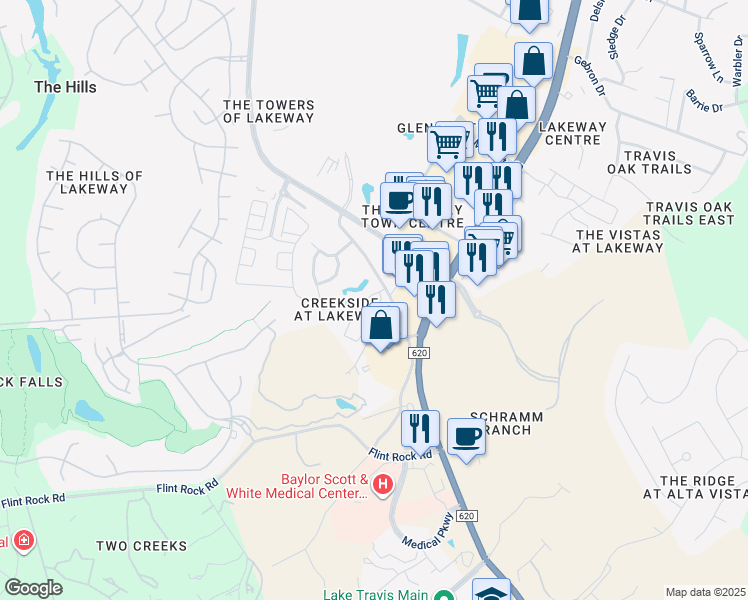 map of restaurants, bars, coffee shops, grocery stores, and more near 109 Outcrop View Lane in Austin